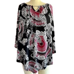 Womens Top Size Large Black Paisley Tunic Flare Retro Workwear Resortwear 70s